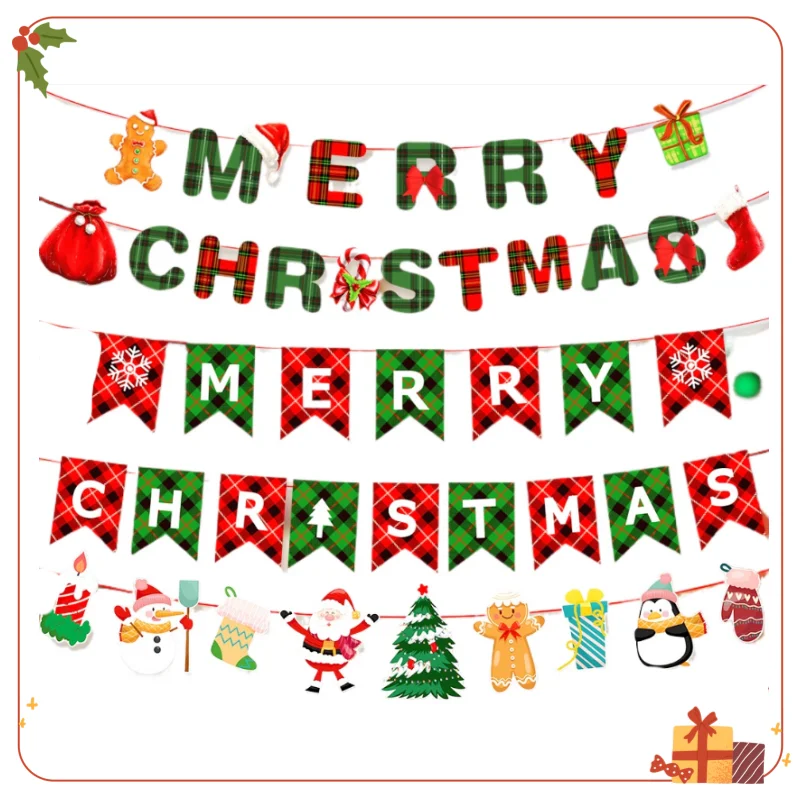 Merry Christmas Banners Decoration Santa Claus Snowman Paper Hanging Banner Red Green Xmax Pendant Christmas Decoration 2024