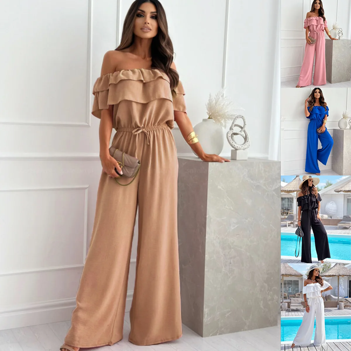 Nuevo Mono Elegante de Verano 2026 con Hombros Descubiertos, Color Sólido y Cintura Ajustada, Vestido Largo de Verano para Mujer, Estilo Boho Midi para Fiesta de Graduación