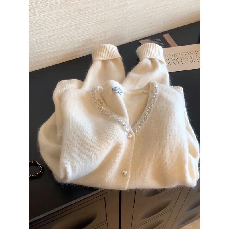 

Ele Вязаный мягкий свитер, пальто White Chic Sle Long Sve round Ne, открытый кардиган обычной длины, осень-зима, женский ...