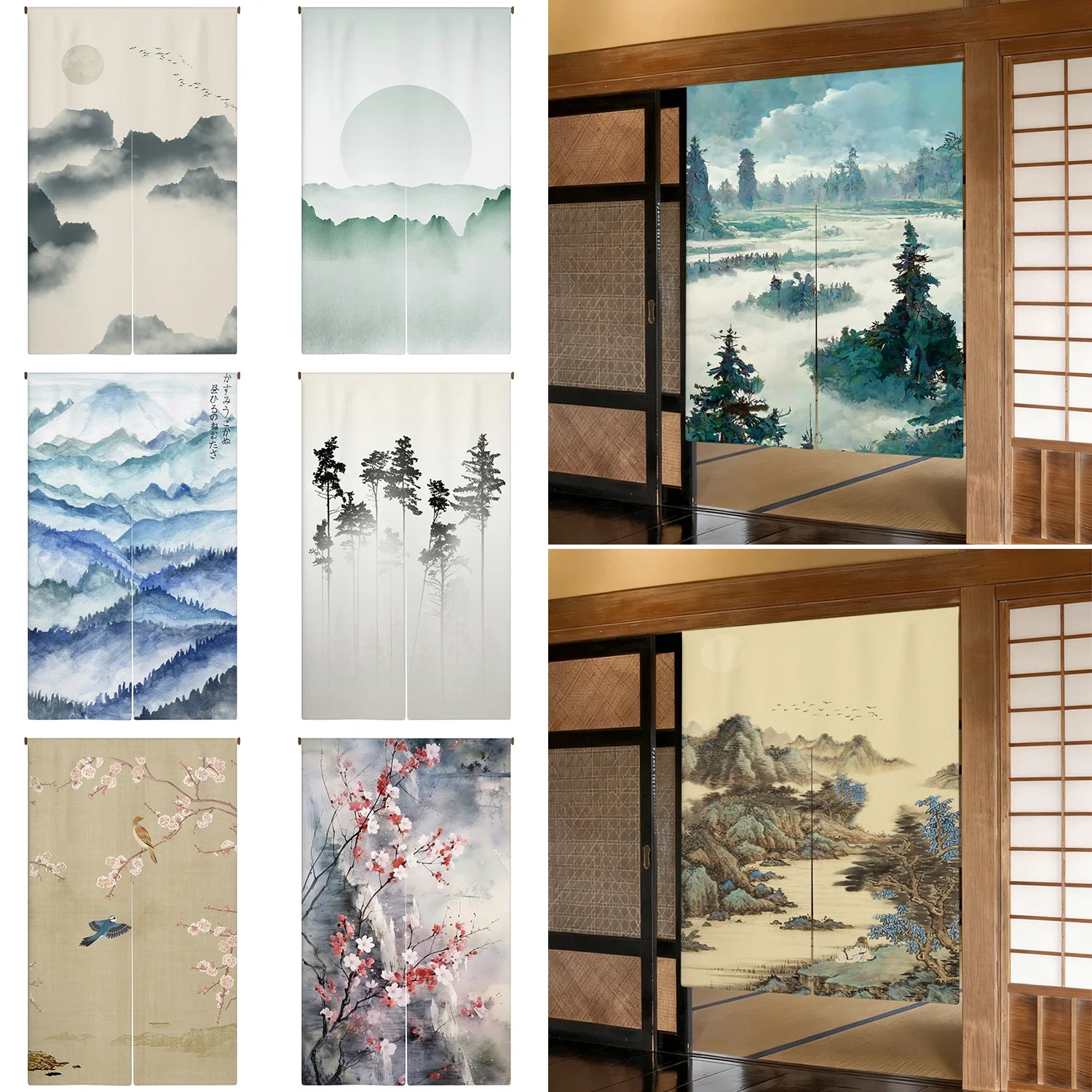 Chinese Landscape Painting Door Curtain Natural Scenery Ink Restaurant Kitchen Entrance Partition Japanese Doorway Curtain Noren