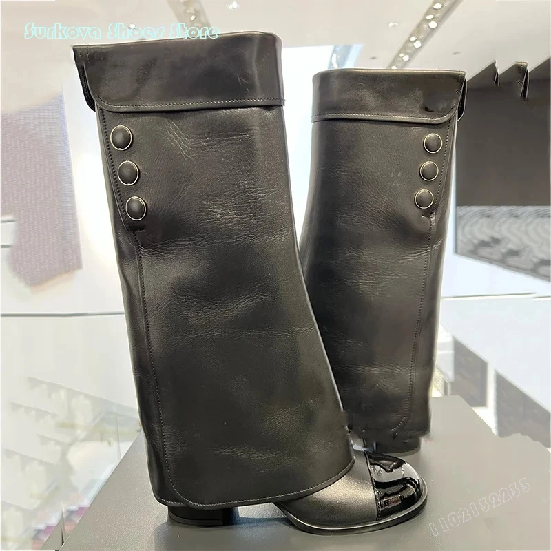 Surkova Patent Leather Round Toe Folded Over Boots Women Square Heel Slip On Modern Boots Ladies Office Elegant Knee High Boots