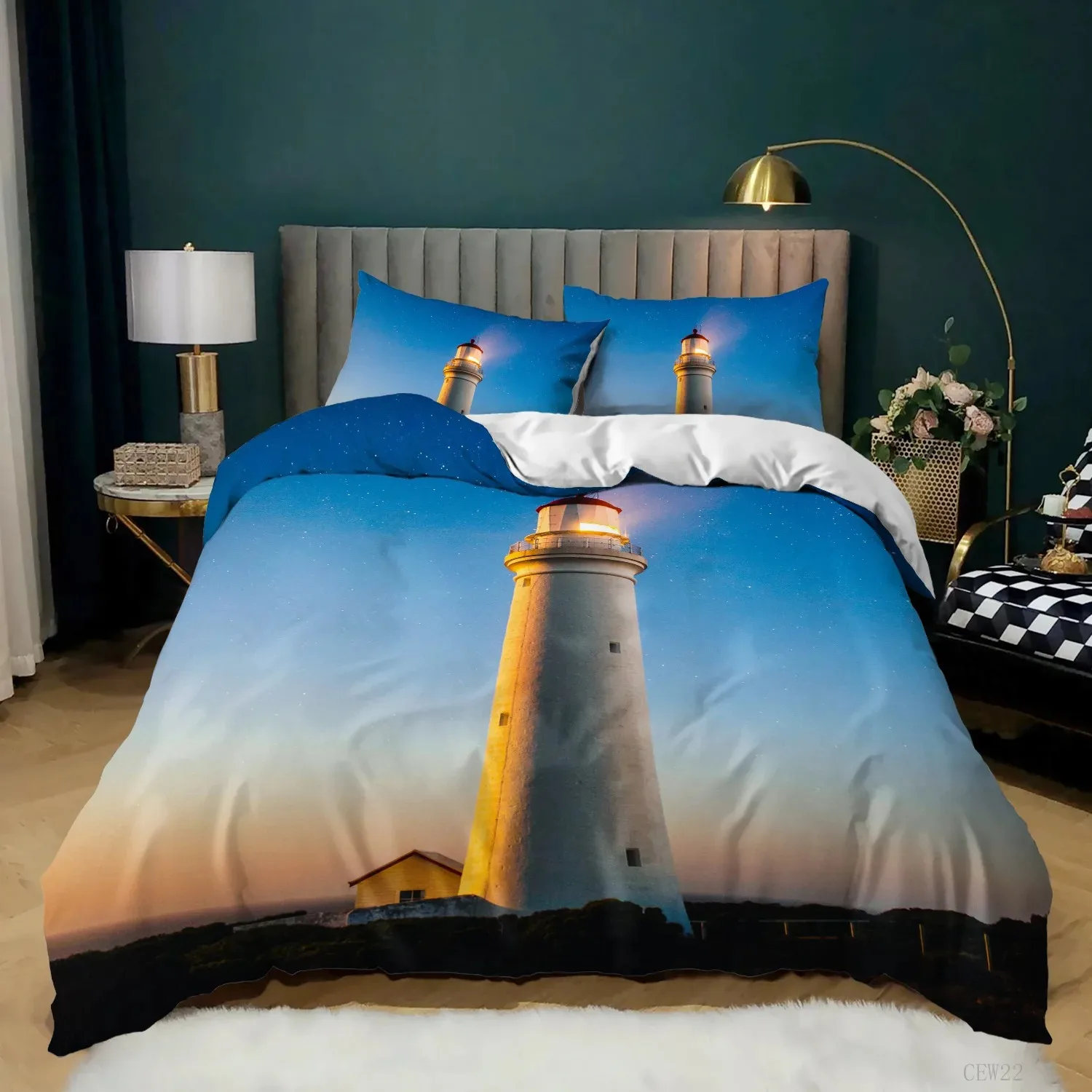 

Lighthouse Duvet Cover Set,Cap de Favaritx Sunset Lighthouse Cape in Mahon at Balearic Island Spain Coast,Decorative Bedding Set