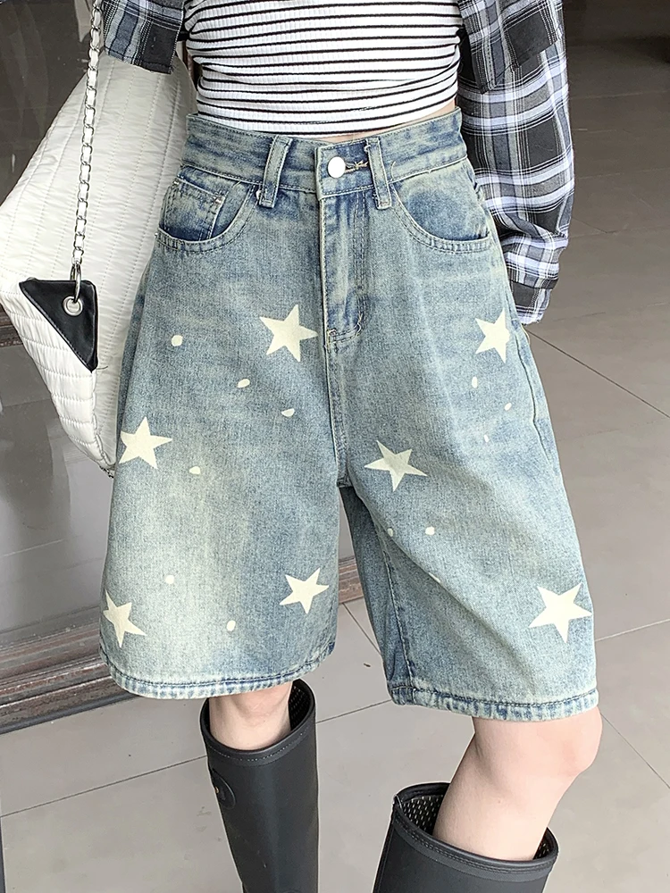 Vintage Star Denim Shorts Women High Waist Wide Leg Loose Casual Straight Leg Baggy Shorts Y2K Harajuku Printed Jeans Shorts