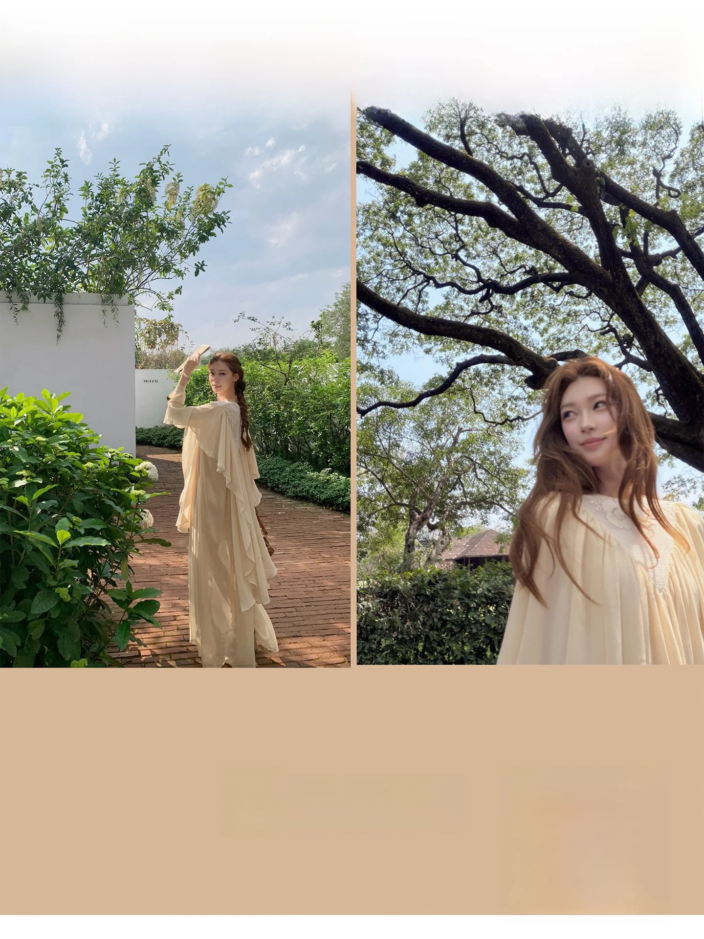 

Chic Lace Dress Beautiful Pleated Sleeve Ultra Fairylike Elegant Style Nine Sleeve round Neck mid Length Gown for Women