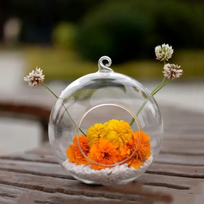 64pcs/pack Diameter=10cm Middle Size One Open Two Holes Glass Terrarium Vase Home Decoration Wedding Party Prop Hanging Pendant