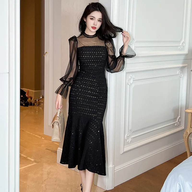 

French Mesh Patchwork Lace Dress Flare Sleeve Ankle-length Long Dresses Autumn and Winter New Elegant and Pretty Women's Dresses
