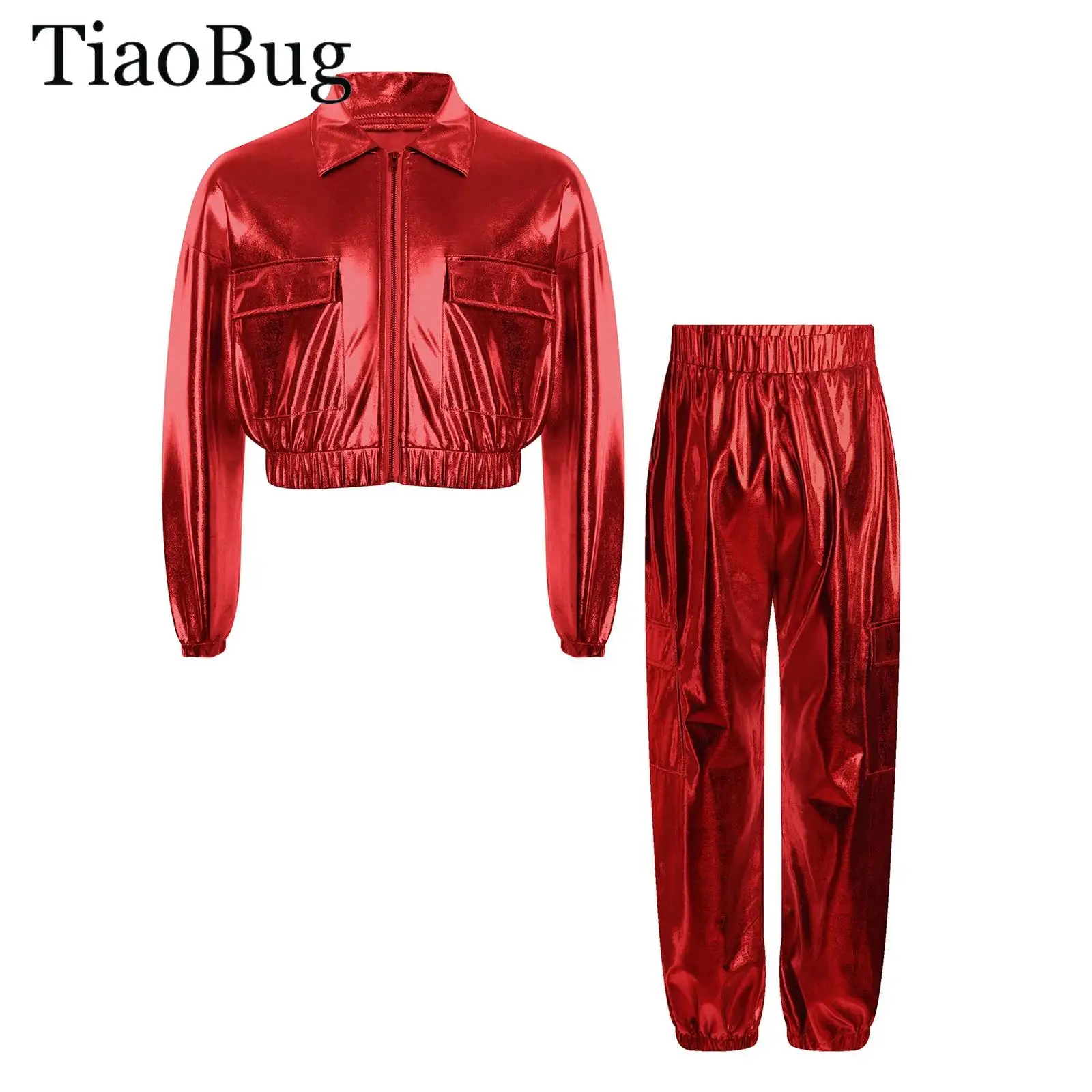 

Kids Boys Girls Hip-Hop Jazz Dance Outfit Metallic Shiny Jacket Long Sleeve Outwear with Pants Skateboarding Street Dancewear