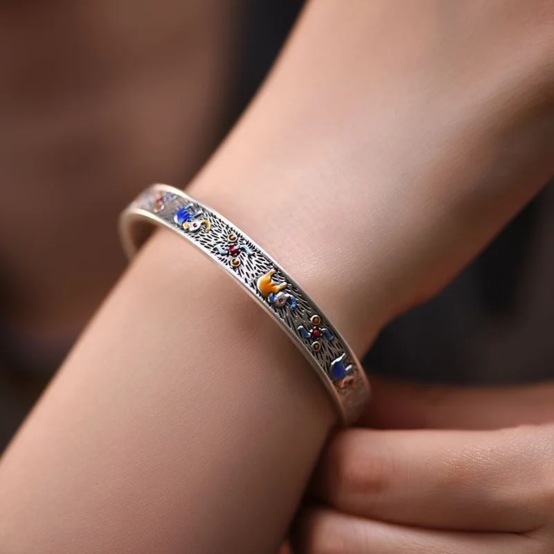 Exquisite Open-End Silver Bracelet Jewelry Auspicious Elephant Picture Men Women Lovers Twist Armband Cuff Trend Retro Gift