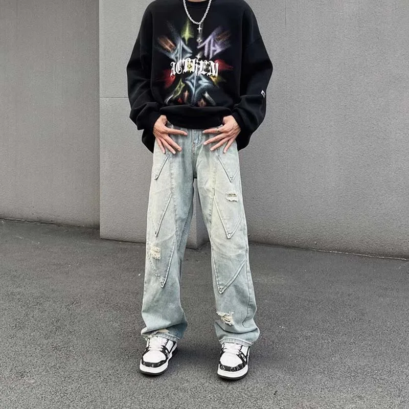 Hip Hop Ripped Casual Jeans Pants Patchwork Streetwear Straight Denim Trousers For Male