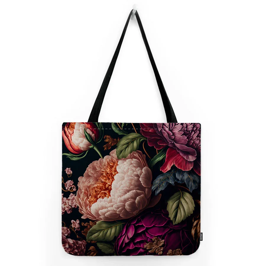 Royal Elegant Dark Color Flower Peony Rose Ikebana Art Water Resistant Linen Fashion Shoulder Bag  Floral Canvas Tote Bag