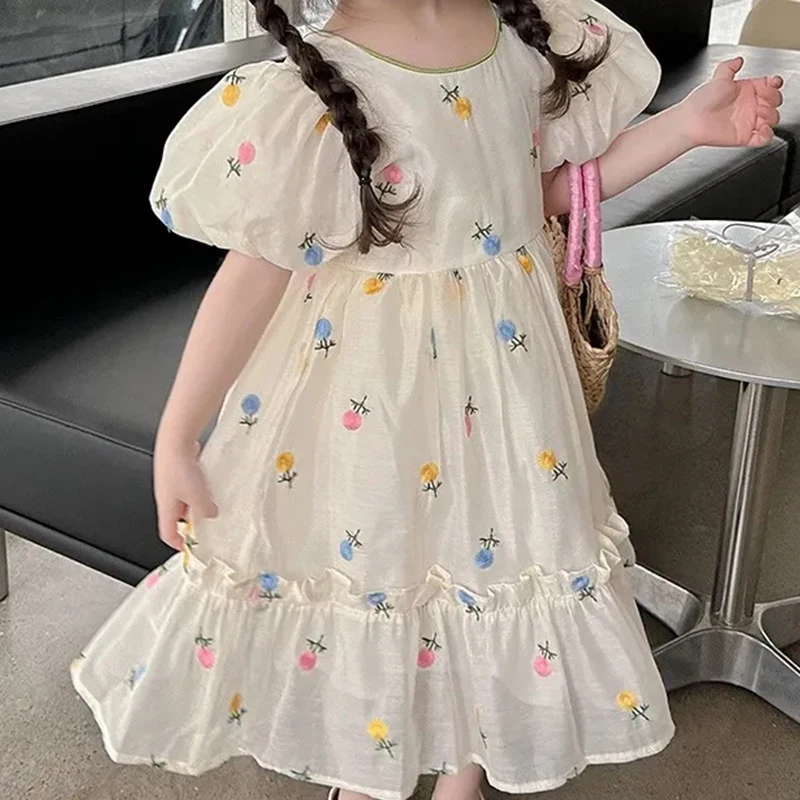 Girls Princess Dress Summer Beige Elegant Princess Dress With Green Bow Kids Birthday Party Clothes 4-10 Years Old