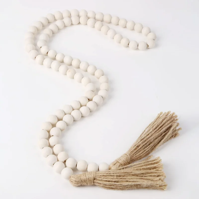 

58 Inch Wood Bead Garland Rustic Farmhouse Decor with Tassels Natural Prayer Boho Wall Hanging DIY Paintable Home Decor Gift