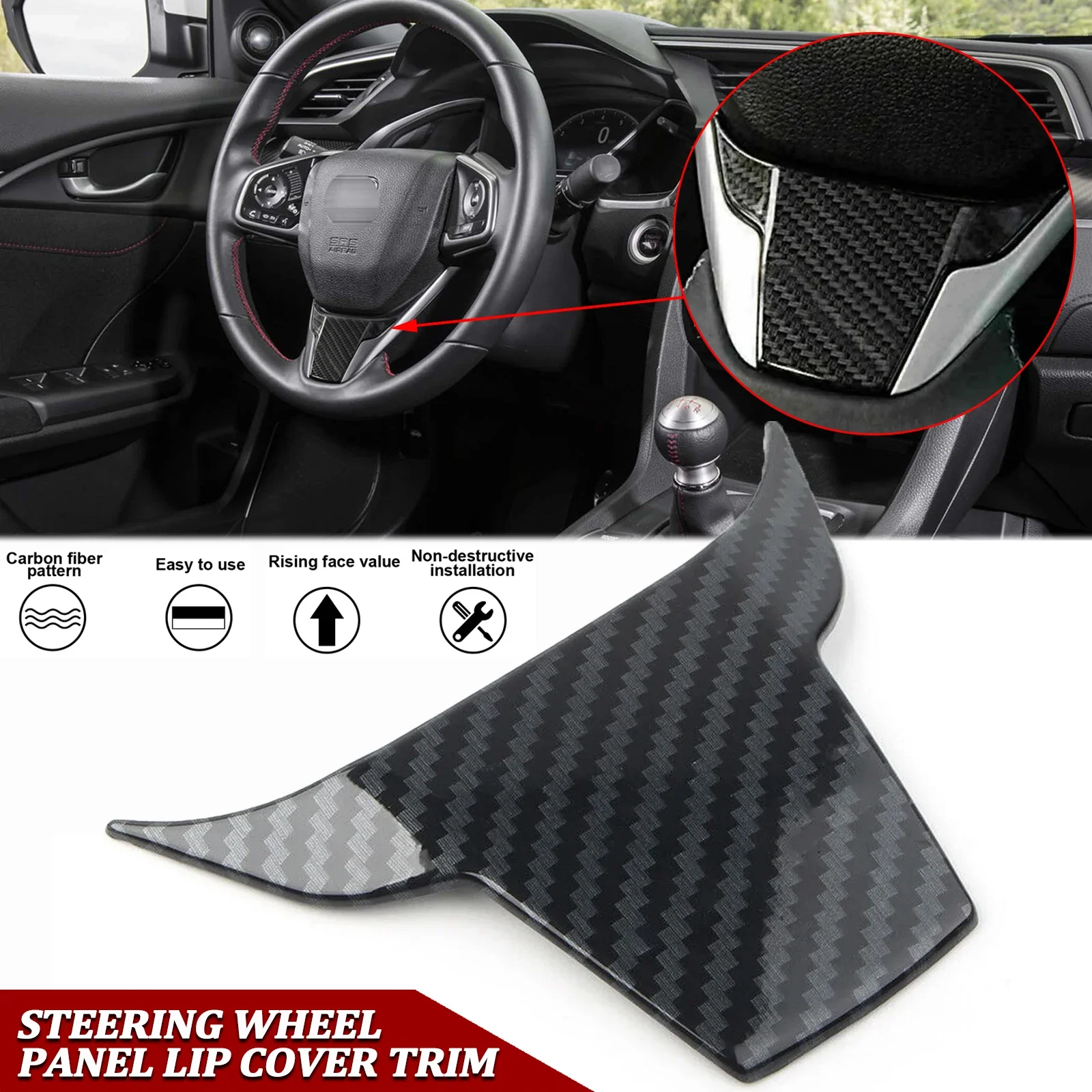 Interior Carbon Fiber Pattern Steering Wheel Below Lip Cover Molding Trim For Honda Civic 10th Gen 2016 2017 2018 2019 2020 2021