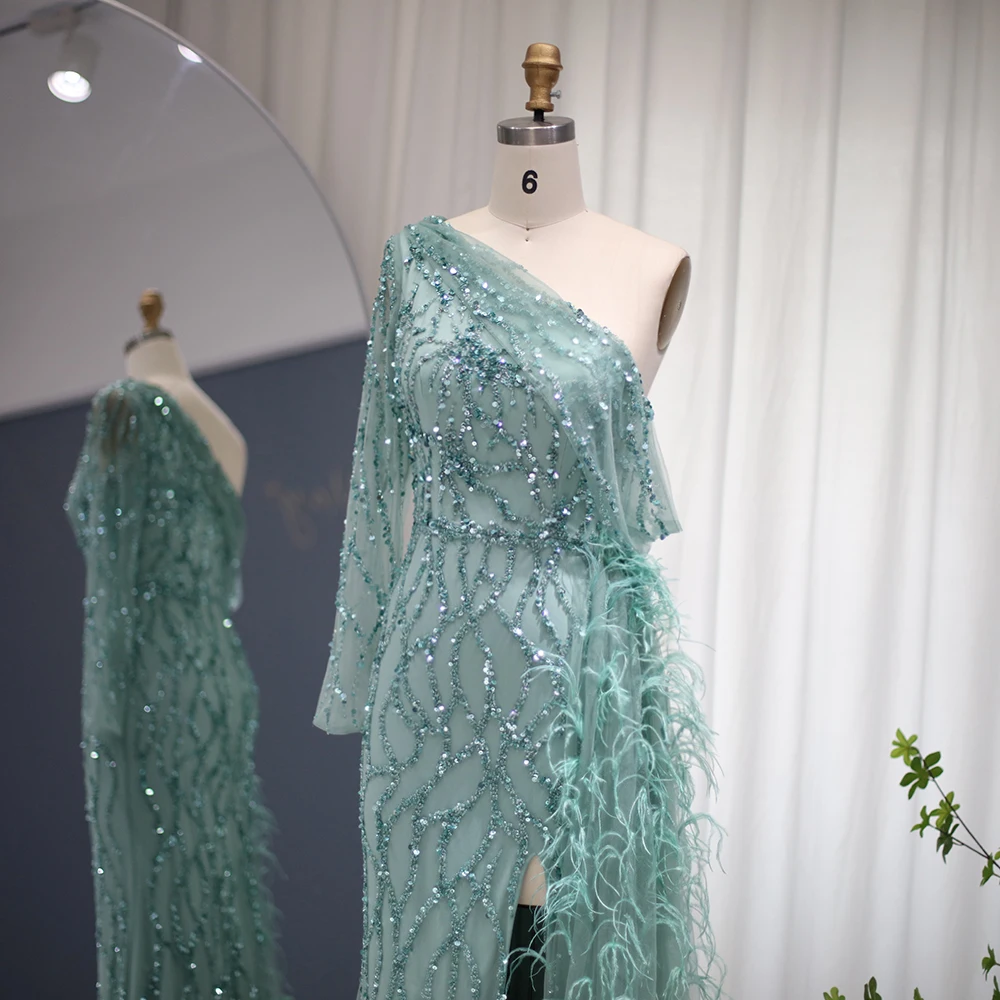 Sharon Said-vestidos de noche de color verde salvia con plumas, sobrefalda rosa, vestido de fiesta de un hombro para mujer, fiesta de boda SS046, personalizado