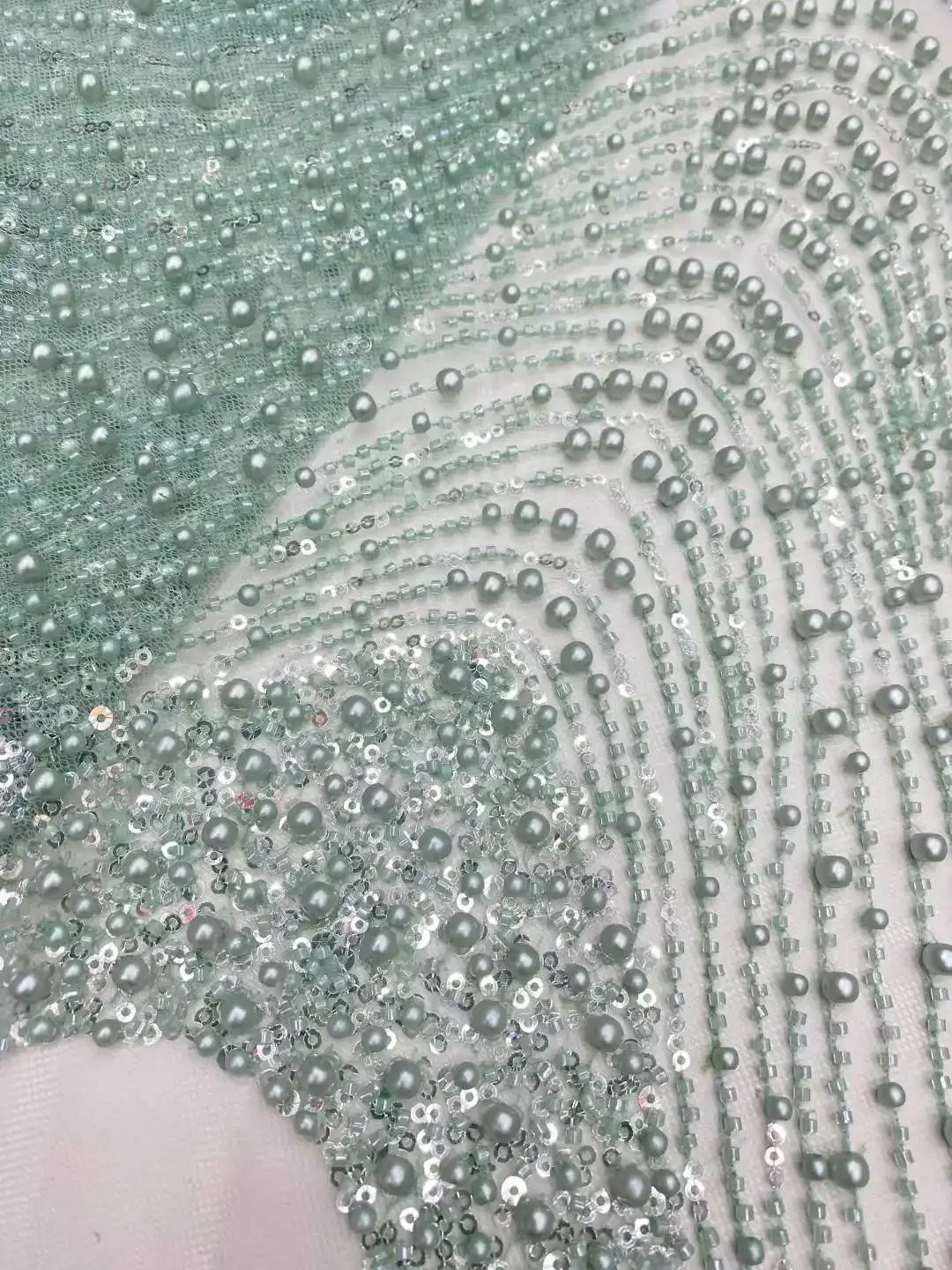 Tela de encaje con cuentas pesadas hecha a mano africana de lujo verde menta, encaje de tul con lentejuelas francesas de alta calidad para vestidos de novia CC1690