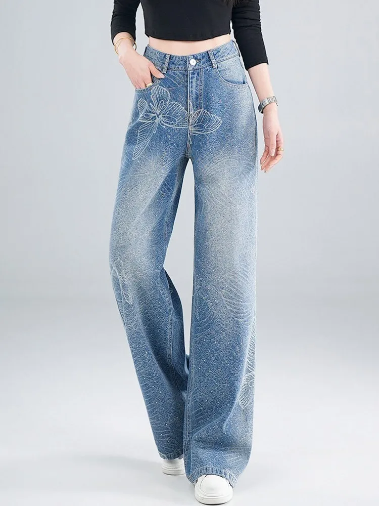 Spring Women High Waist Embroidery Butterfly Diamonds Wide Leg Pants Loose Fit Casual Straight Denim Pants Streetwear Lady Jeans
