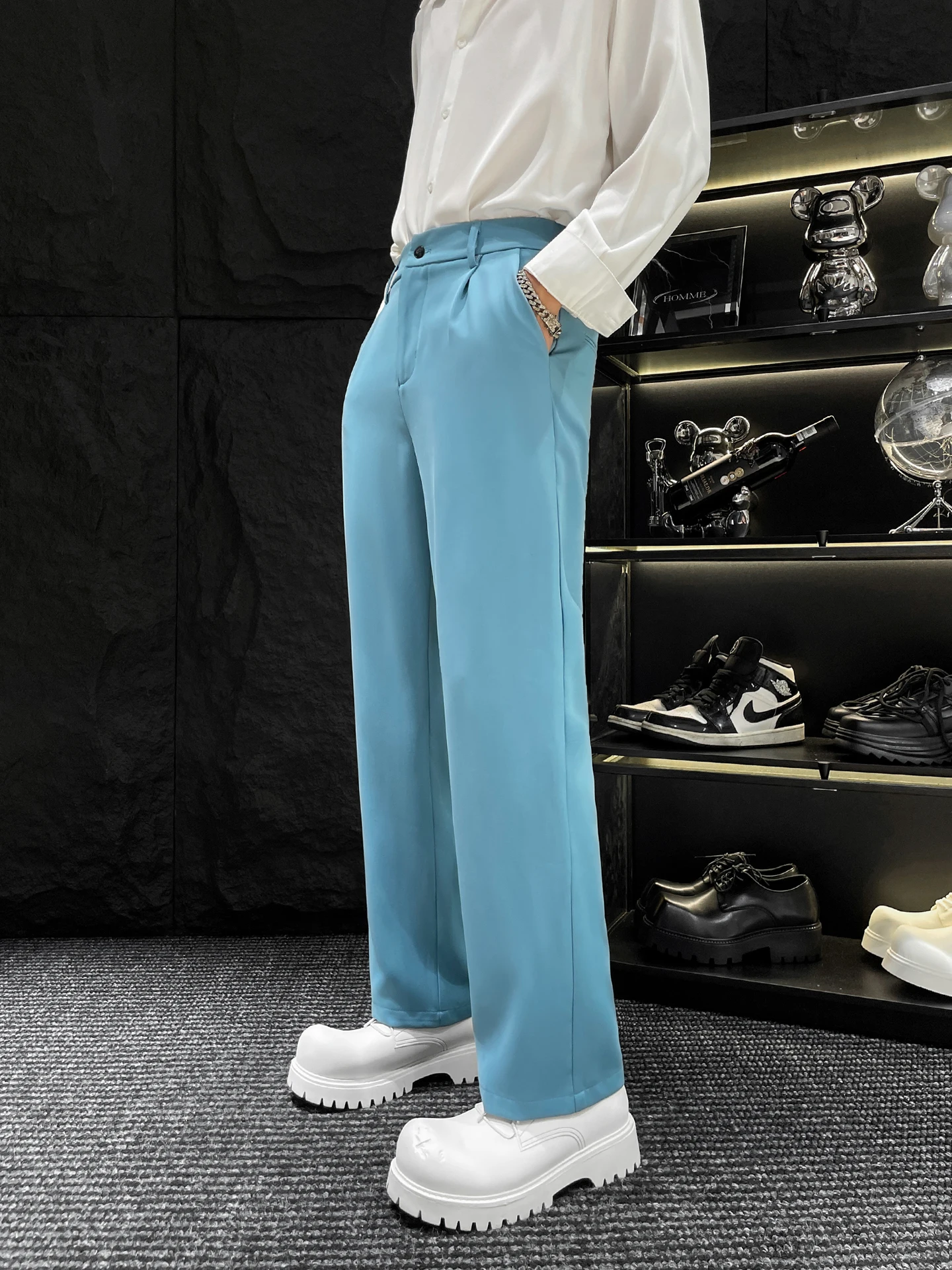 

HOMME мужские повседневные прямые брюки, драпированные свободные брюки, осенняя мода, молодежные модные однотонные длинные брюки