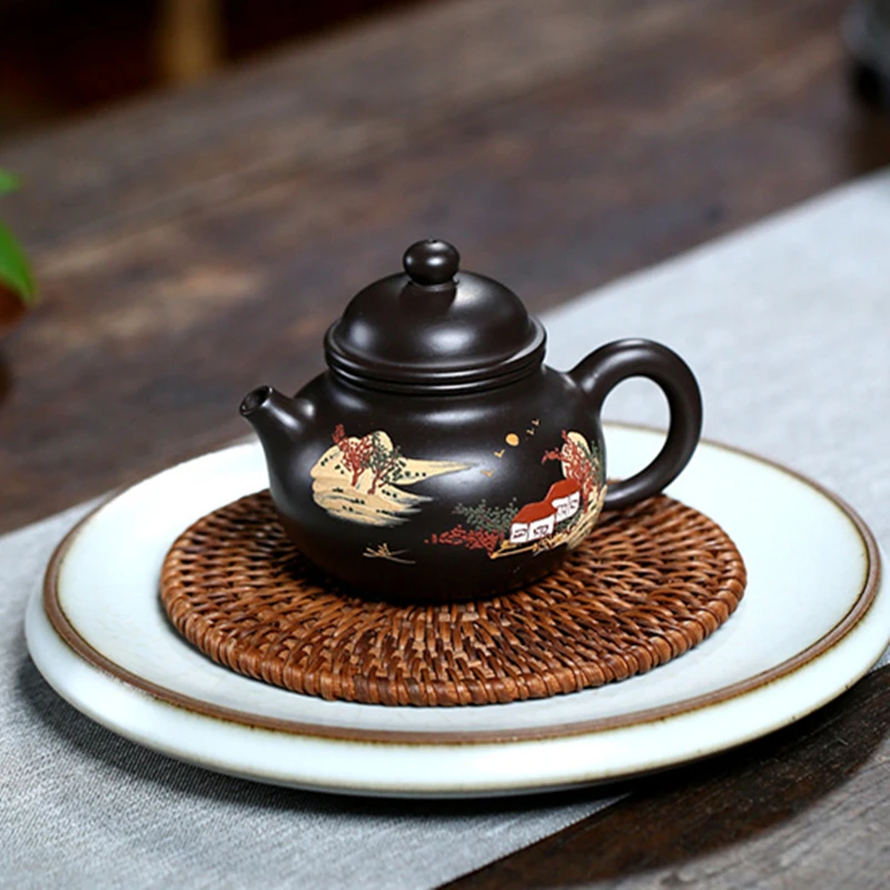 

110ml Yixing Purple Clay Teapots Raw Ore Black Mud Handmade Landscape Tea Pot Household Beauty Tea Infuser Zisha Kettle Teaware