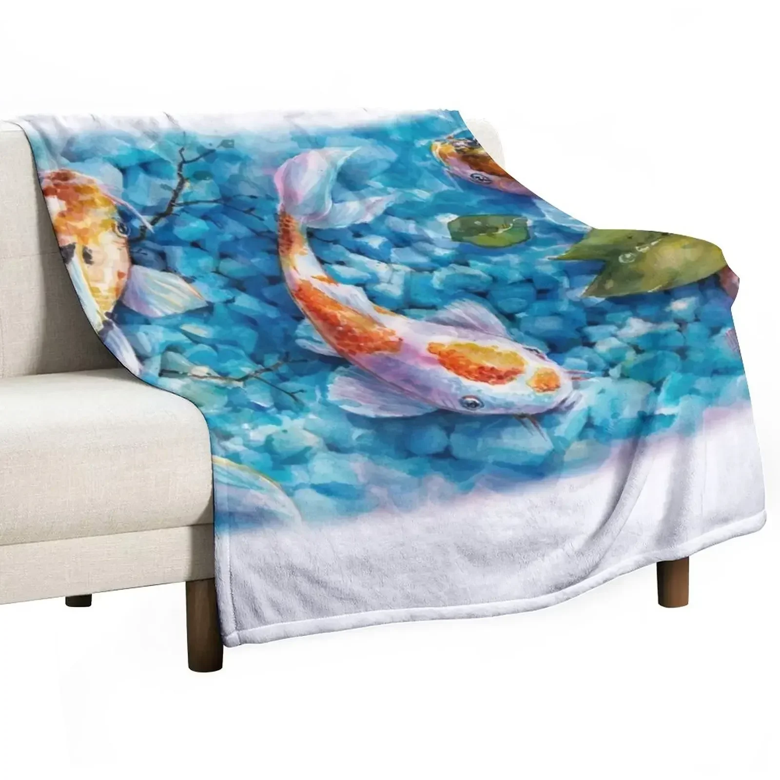 Tranquil Travelers- Koi Pond Watercolor Throw Blanket Soft Winter beds warm for winter Blankets