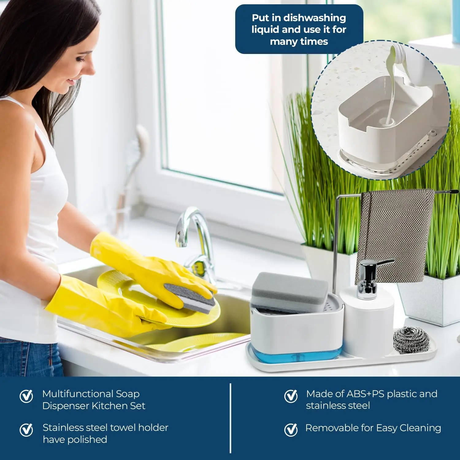 HOQUSA Zestaw dozowników mydła do rąk i naczyń 5 w 1 z tacą z uchwytem na gąbkę i uchwytem na ściereczki (czarny)