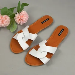 New 2024 Women Slippers Flat Summer Shoes Woman Outside Peep Toe Cross Beach Slides Leather Brand Designer Ladies Sandals