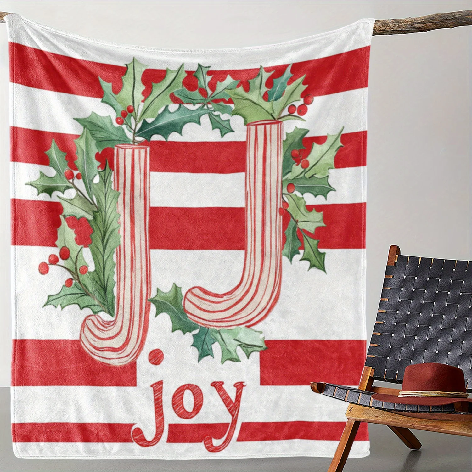 Joyful Christmas Holiday Throw Blanket Festive Red and White Stripes Evergreen Wreath Decor Cozy Gift
