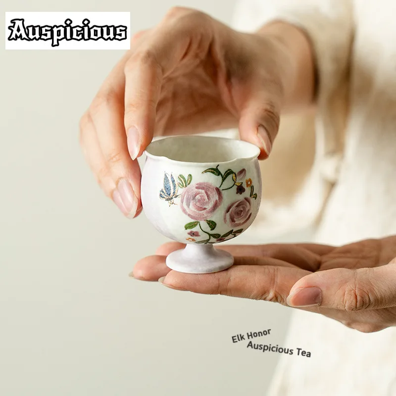 

50ml Pure Hand-painted Butterfly Rose Petal Teacup High Foot Tea Bowl Jug Tea-tasting Fragrance Cup Jianzhan Master Cups Teaware