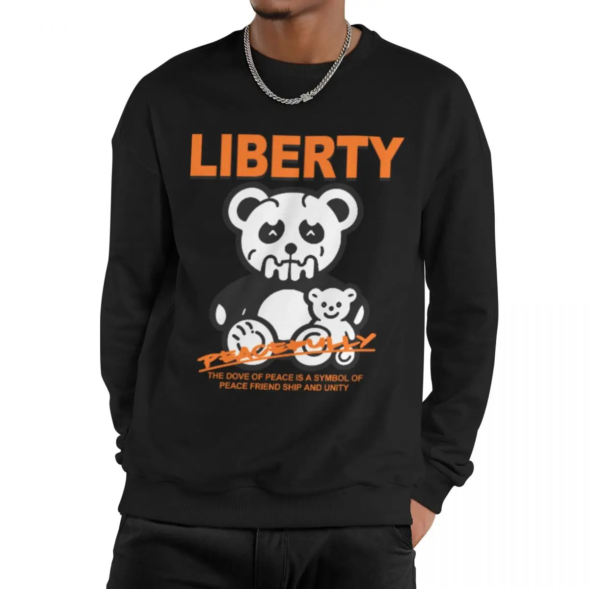 

Letter Bear Print Crew Neck Sweater Trendy Street Long Sleeve Top Hatless Casual Fashion Pullover Versatile for Men and Women