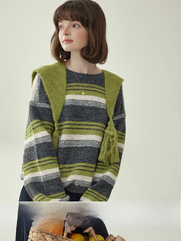 

Женский шерстяной свитер AMUU North Island в полоску с накидкой на плечи, длинными рукавами, модный, зимний, новинка, повседневный стиль