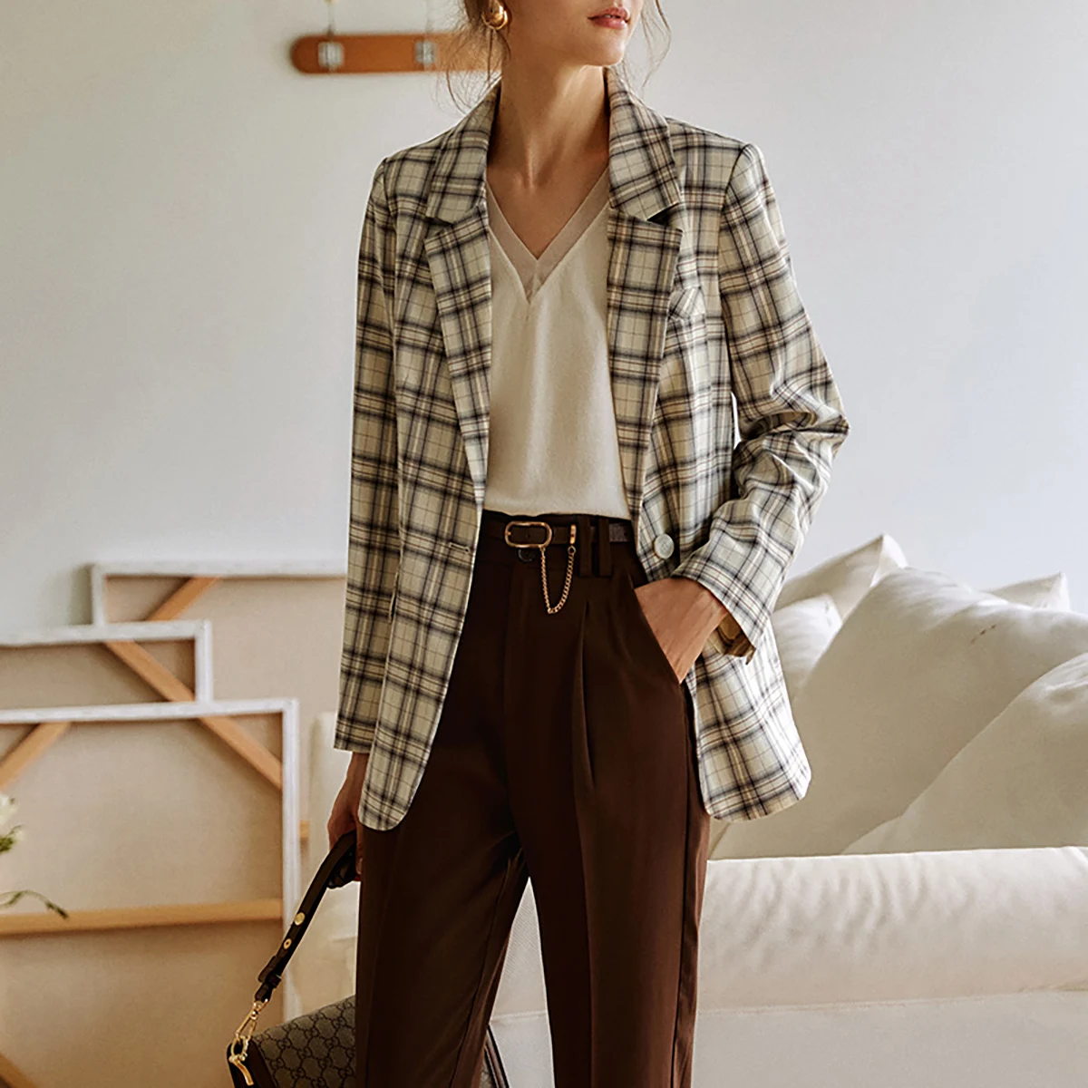 OLrain Women's Plaid Blazers Woman 2026 Autumn New Retro Outerwears England Style Short Suit Jackets Female Clothing O21QW55692