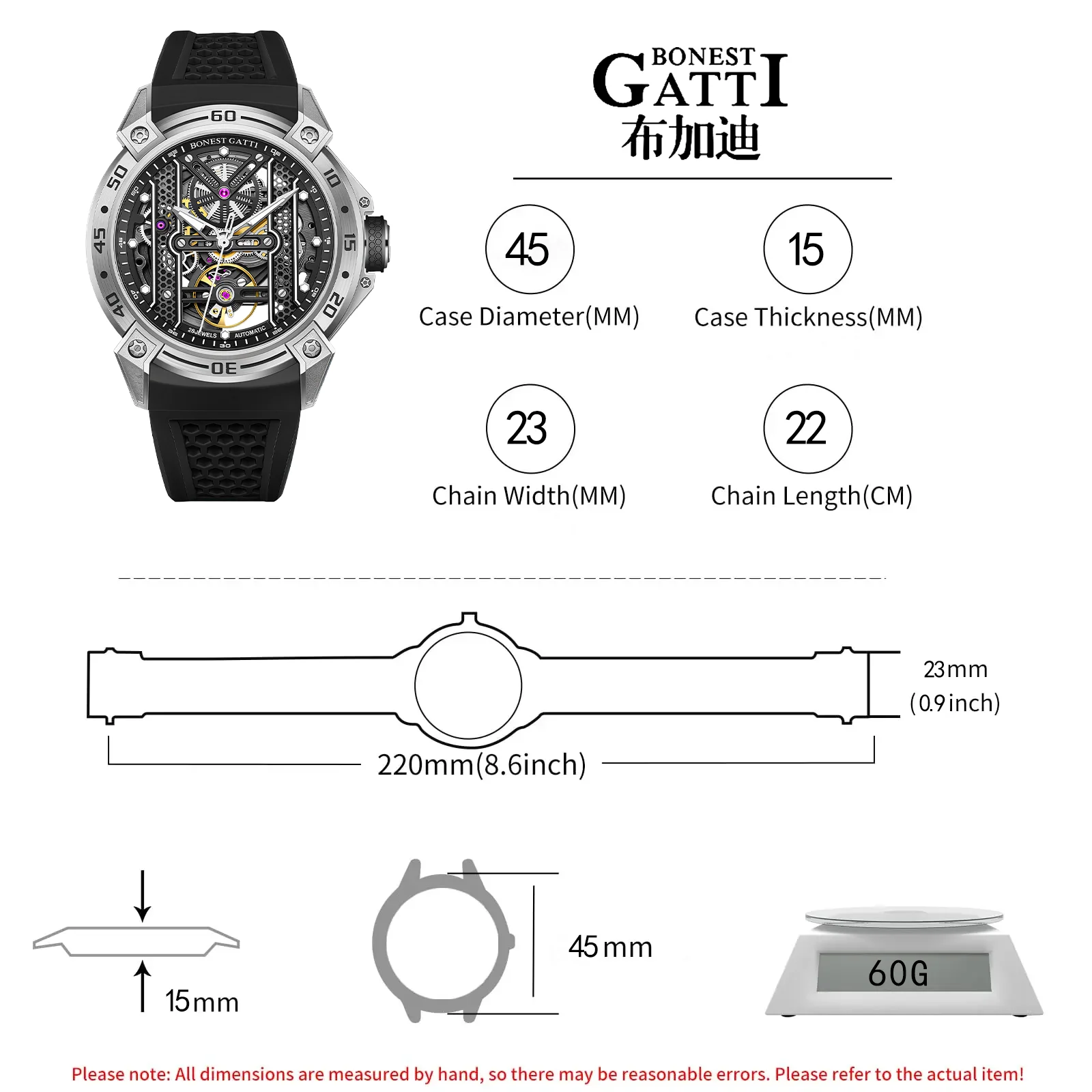 BONEST GATTI Men Automatic Luxury Watches Vintage Mechanical 5Bar Skeleton Sapphire Luminous Rubber Starp German Design - Image 6