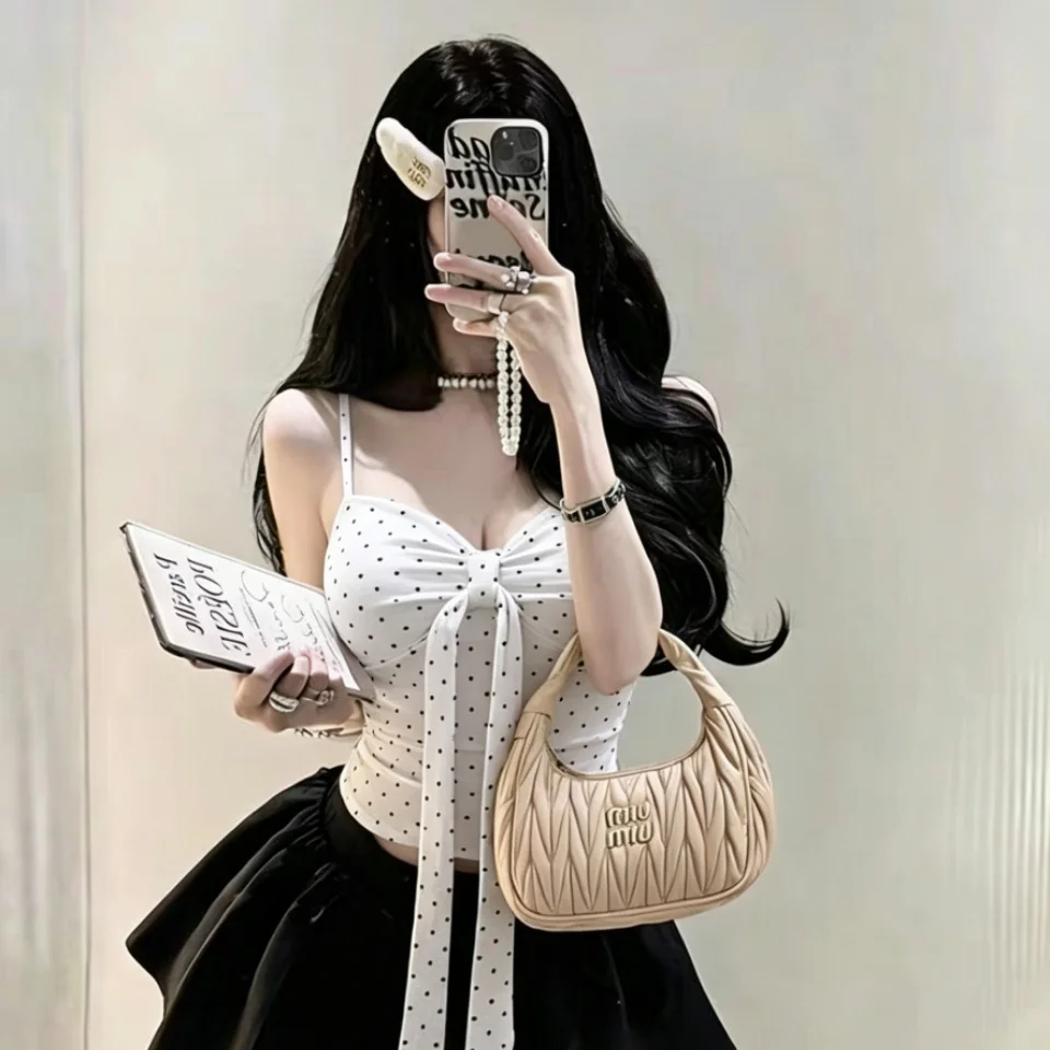 Summer New Pure Desire  Knot Polka Dot Strap Vest Women Slimming Fixed Band Chest Pad Top V-neck Short Length