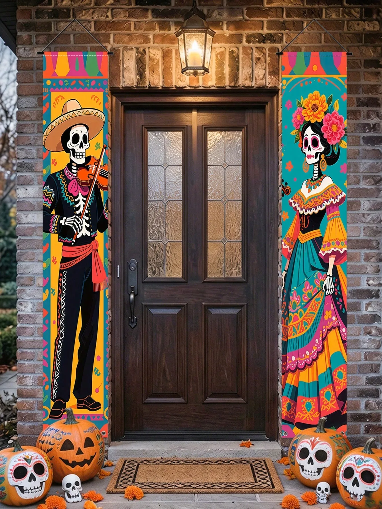Tag der Toten Veranda-Banner-Set: Mariachi-Mann, Catrina, Zucker-Schädel Vertikale Hängeflaggen für Mexikanische Halloween-Party Frontdekoration – Detail 4