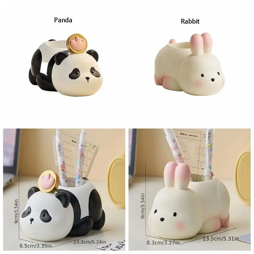 High Aesthetic Cute Animal Pen Holder Cartoon Unique Resin Panda Statue Large Capacity Desktop Rabbit Ornament Home