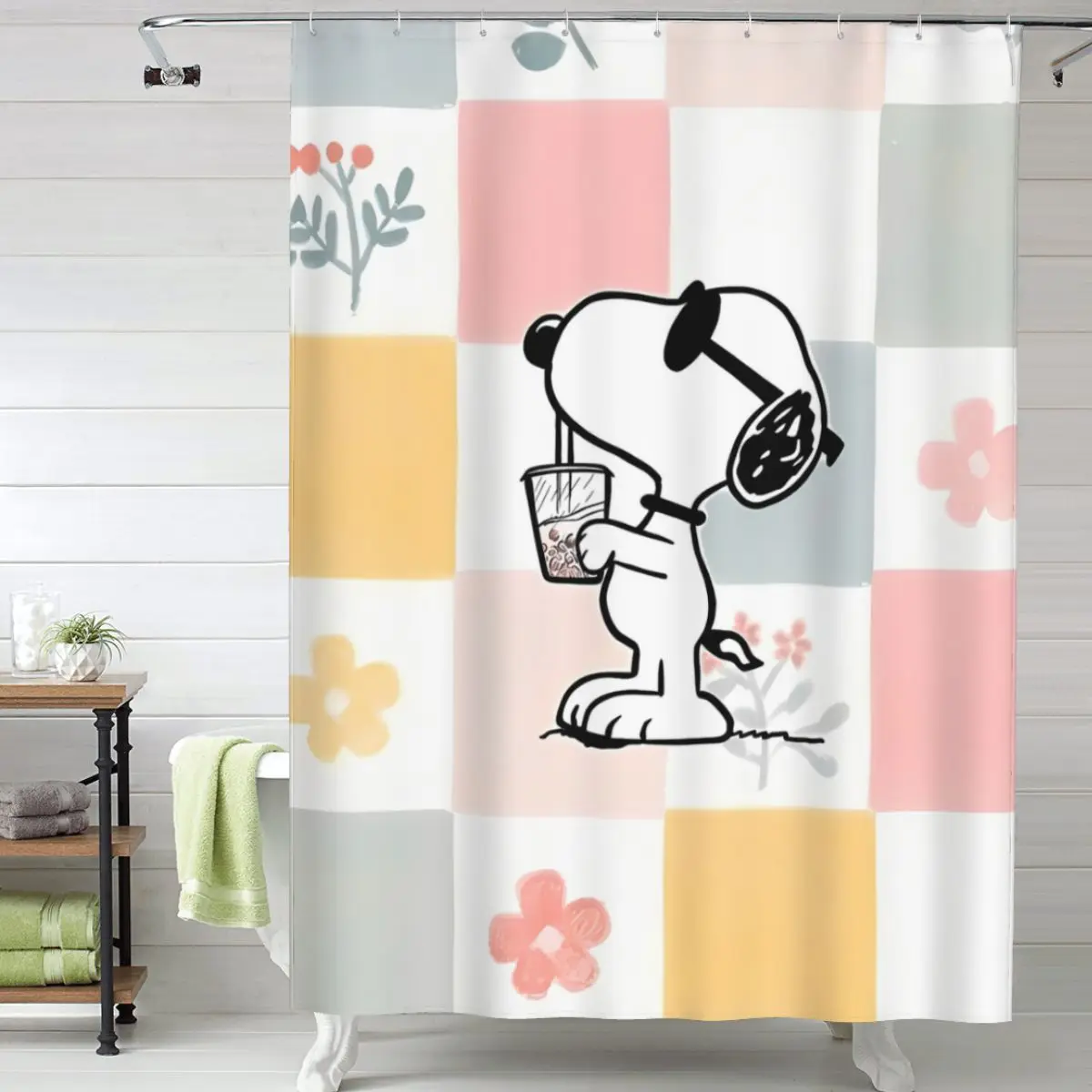 Cute Snoopy Cartoon Peanuts Comic Theme Shower Curtain Sets Bathroom Decor Curtains with Grommets and Hooks 60 x 72 Inch