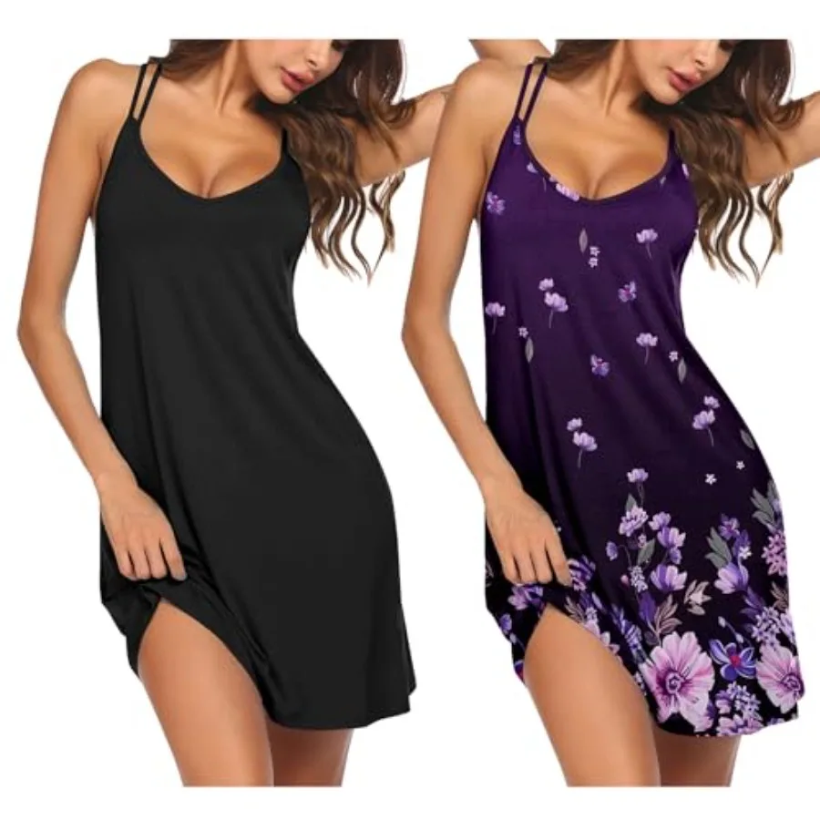 

2 Pack Nightgowns for Women Racerback Sleeveless Night Shirt Sexy Sleep Dress Spaghetti Strap Sleepwear S-XXXL