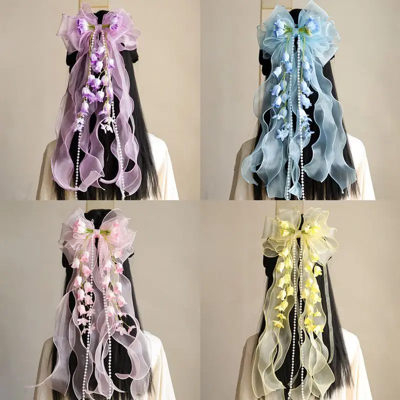 

Новые весенние заколки для волос с бантом «Ландыш» милые аксессуары для волос для девочек, древний костюм, длинная лента, повседневная мода