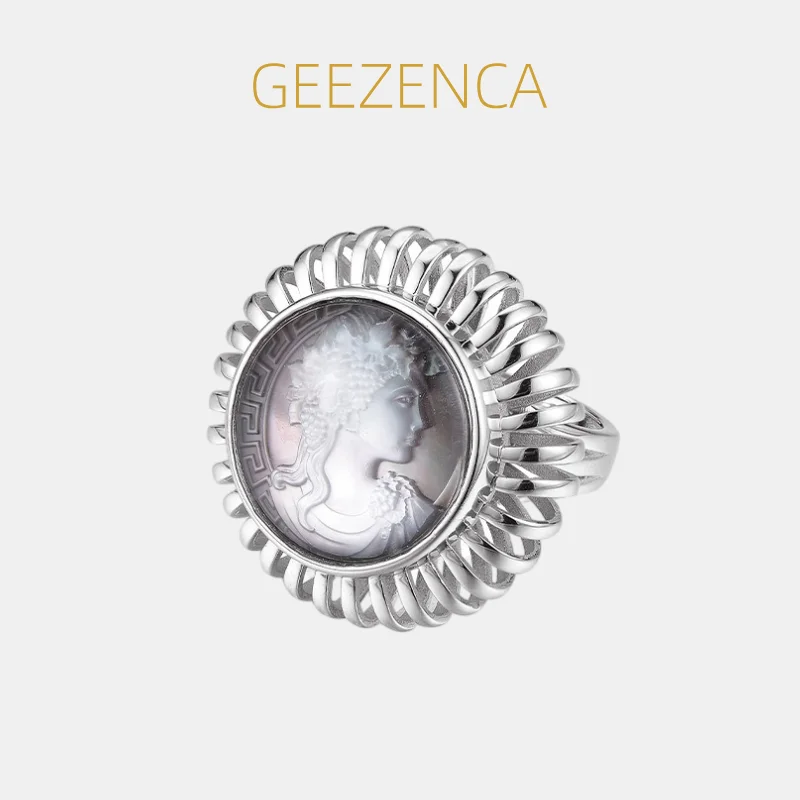 

GEEZENCA 925 Silver Mother Of Pearl White Crystal Adjustable Ring Women Hollow Craft Queen Cameo Round Chunky Rings Luxury Gift