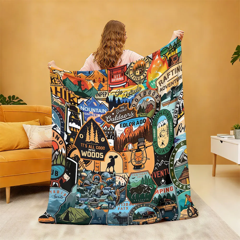 1pc Retro Outdoor Camping Adventure Sticker Collage Flannel Blanket Soft Comfortable Lunch Breaks Casual Gift Throw Blanket