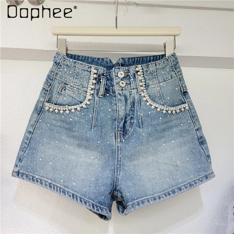 Rhinestone High Waist Denim Shorts Women Pearl Beading Slim Hot Pants Washed Blue Wide Leg Versatile Heavy Industry Summer