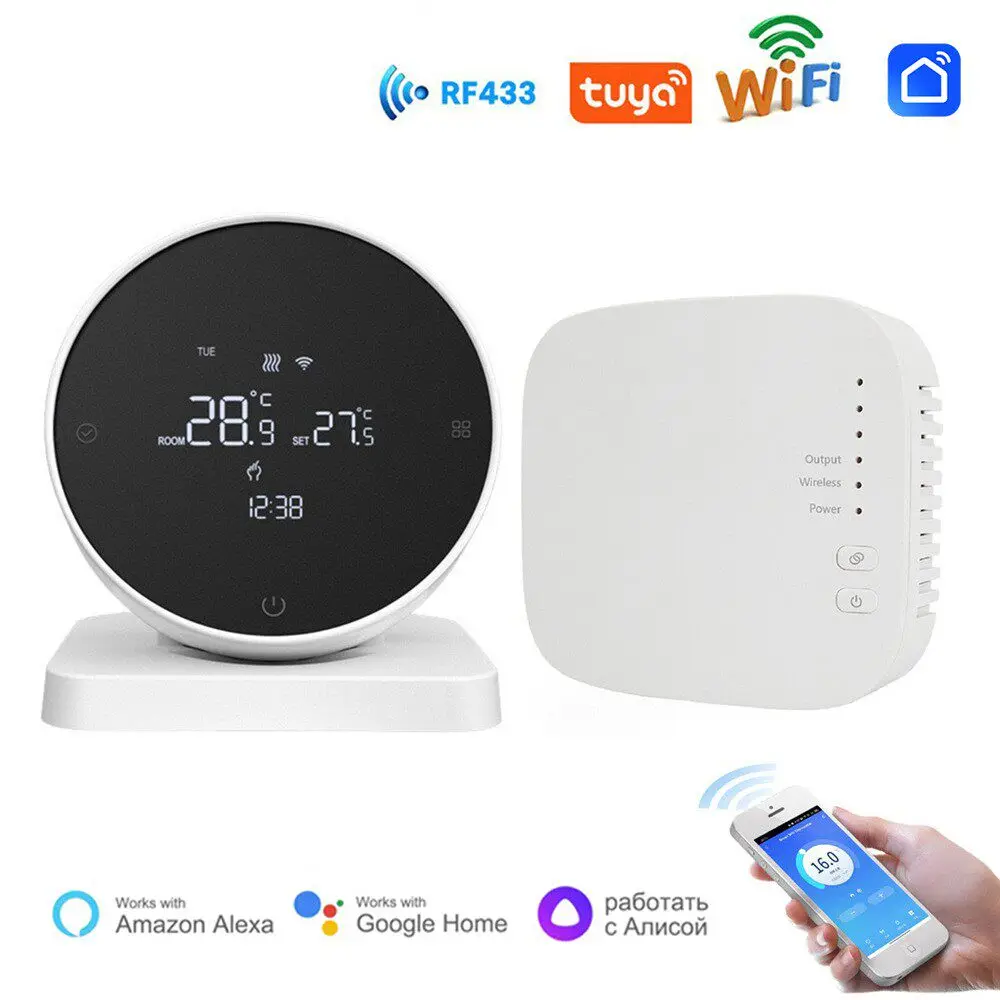 Умный беспроводной термостат RF433 WiFi Tuya для газового котла, регулятор температуры отопления, голосовое управление через Alice, Google, Alexa.