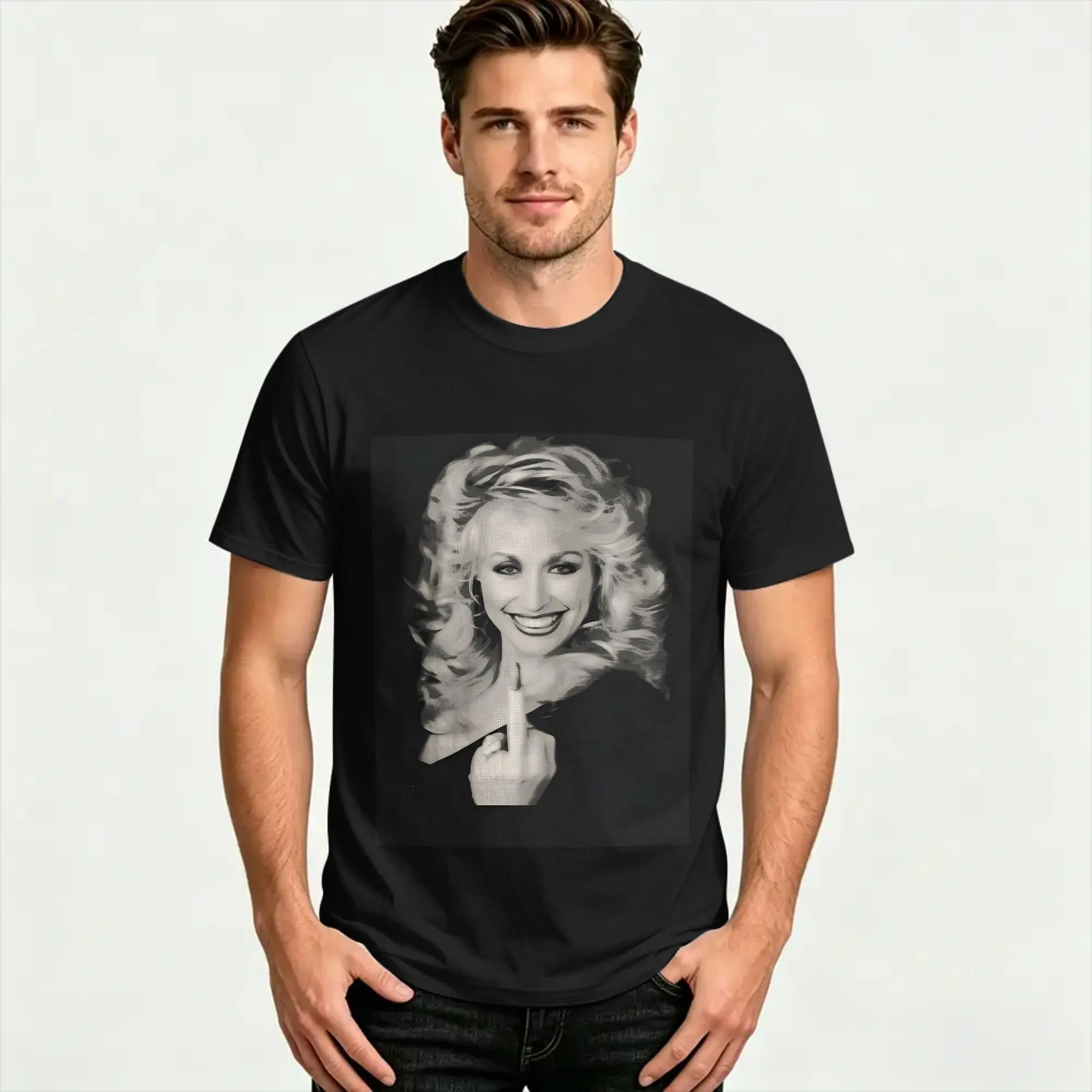 Men's Dolly Parton Middle Finger T-Shirts  Cotton Tees Summer Awesome Short-Sleeved T-Shirt O Neck Harajuku Design Tshirt