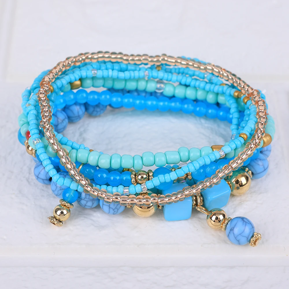 8Pcs Bohemia Rice Beads Bracelet Set For Women Summer Colorful Handmade Elastic Chain Bangle Men DIY Jewelry Accessories