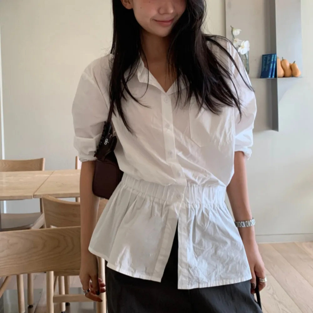 Top Casual a Righe da Donna con Maniche Lunghe, Bottone Singolo, Colletto Rovesciato e Vita Elasticizzata, Design Primaverile per il Tempo Libero