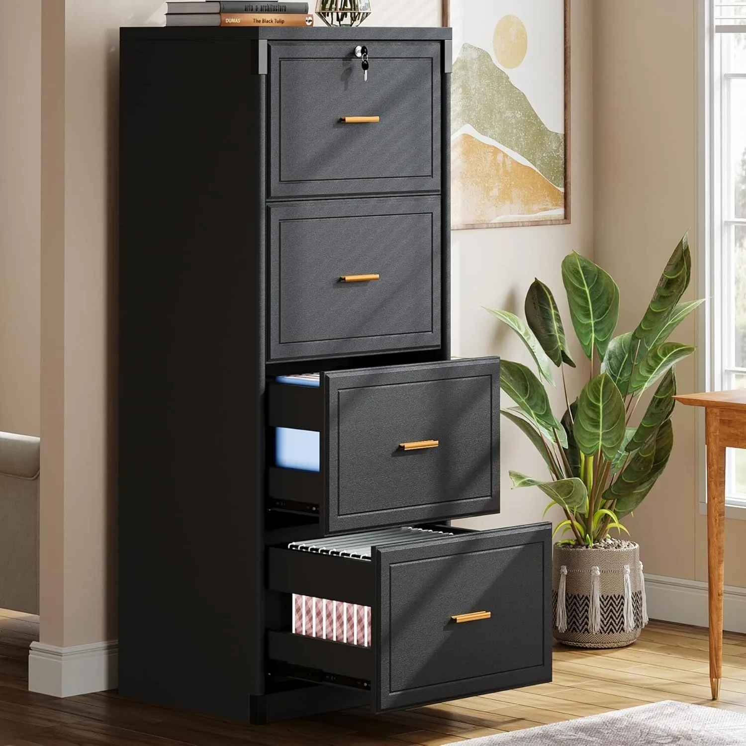 # 4-Drawer Lockable File Cabinet, Tall Wooden Filing Cabinet for Home Office, Vertical Office Storage for Legal Size