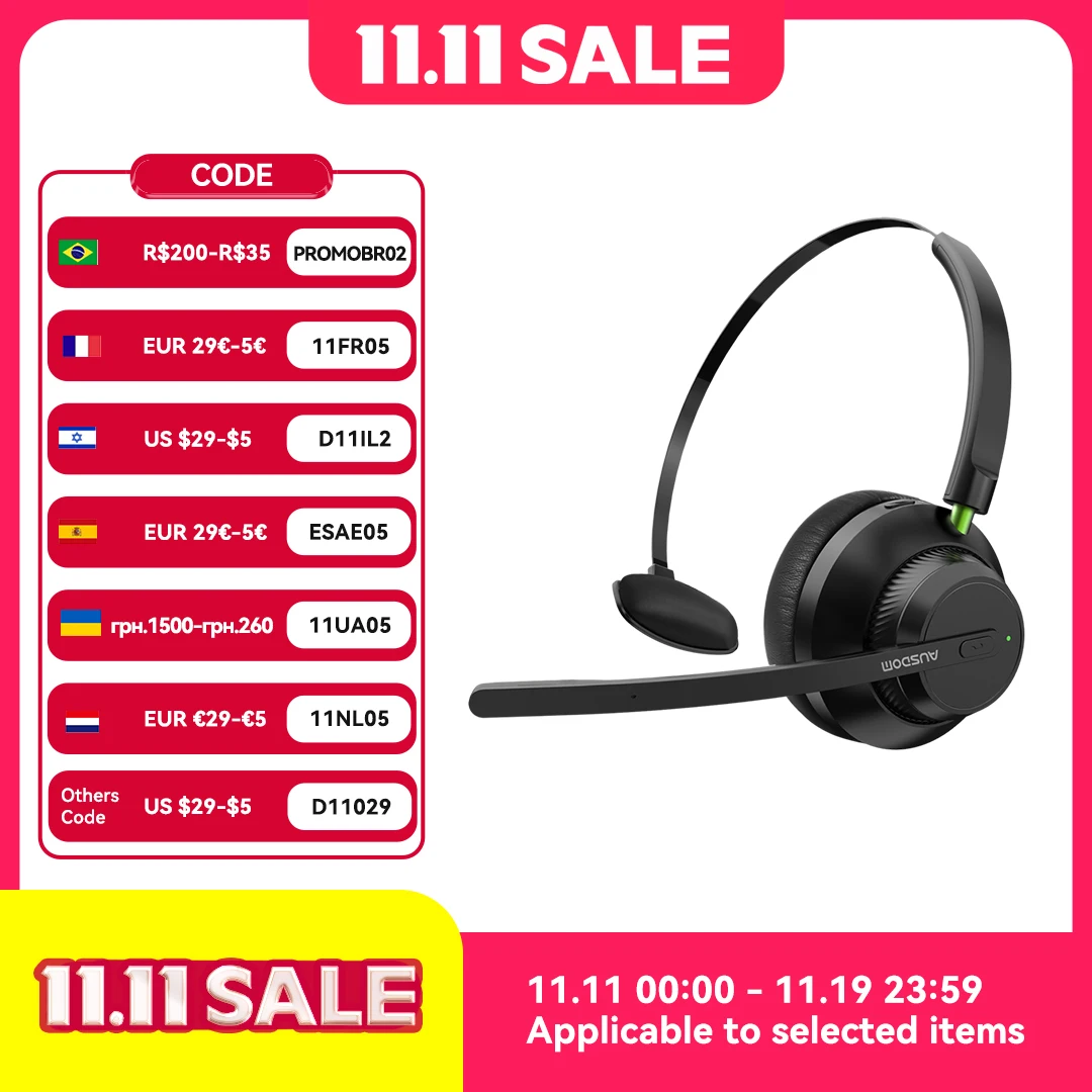 Беспроводная офисная гарнитура AUSDOM A2301 V5.1 UC с шумоподавлением и микрофоном, наушники для телефонных звонков с временем работы 50 часов для колл-центра