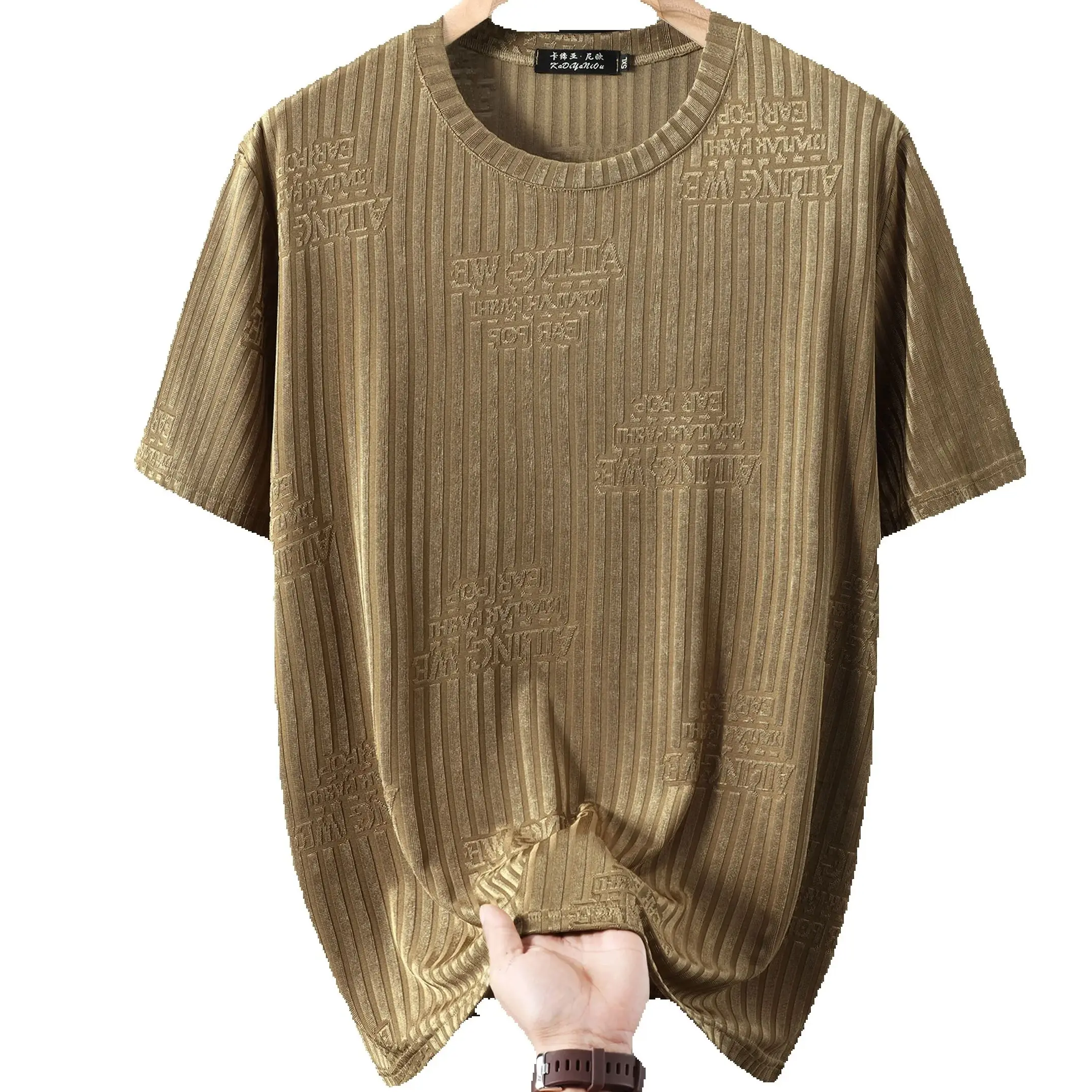 Summer plus size Cool short sleeved men's Ice Silk T-shirt Streetwear Embossed Letter Print Vertical Striped Texture base shirt