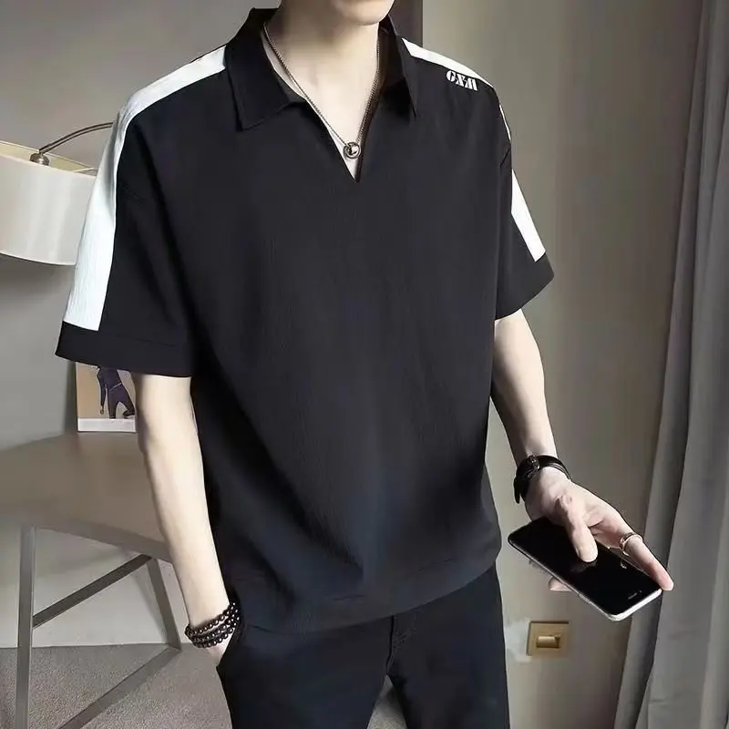 

Ice Silk Men's ort Sve irt V-Ne Five-Quarter Length Faionable Urban Loose Fit Anti-Wrinkle Polyester Fiber