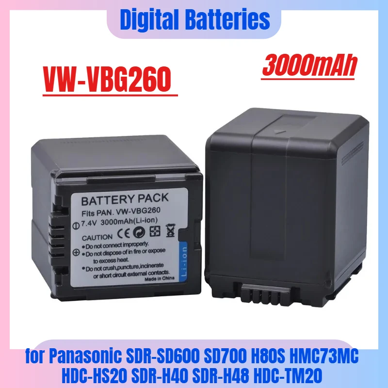 

3000mAh VW-VBG260 VW-VBG130 VW-VBG070 Battery for Panasonic SDR-SD600 SD700 H80S HMC73MC HDC-HS20 SDR-H40 SDR-H48 HDC-TM20