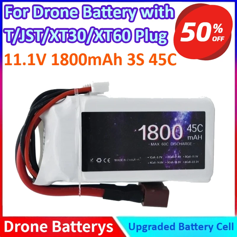 

11.1V 1800mAh 3S 45C LiPo General-purpose Battery for Capacity Deans T Connector T/JST/XT30/XT60 for RC Car FPV Racing Drone